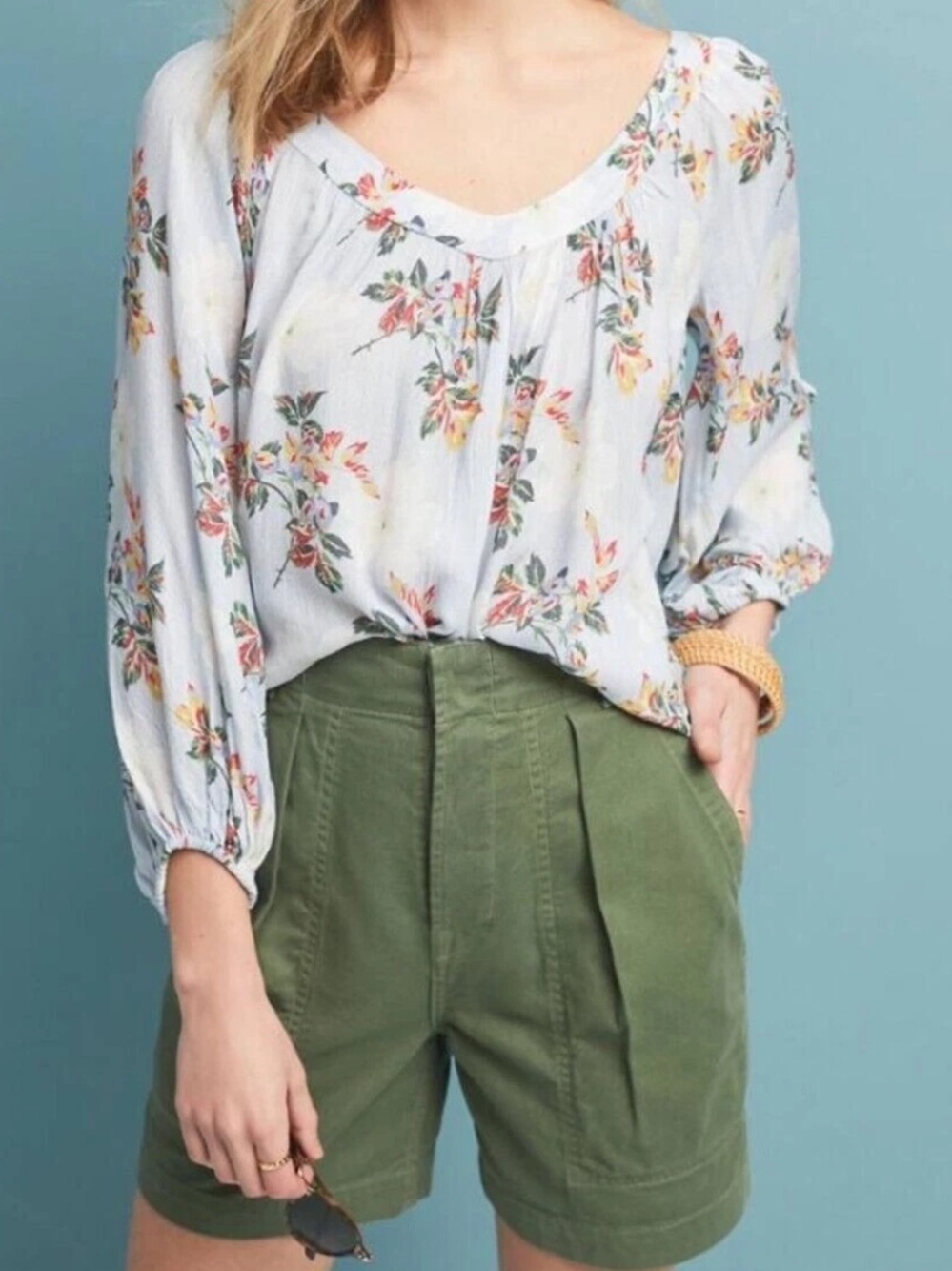 Maeve Boswell Anthropology Top Blue Floral Peasant Boho Summer Spring Size 4